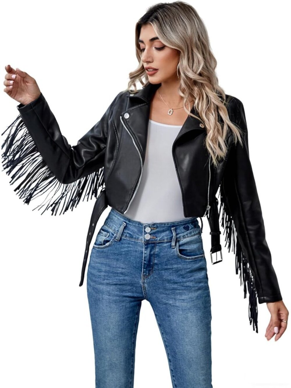 Women's Black Cropped Faux Leather Moto Jacket Belted Tassel Trim Short Coat
